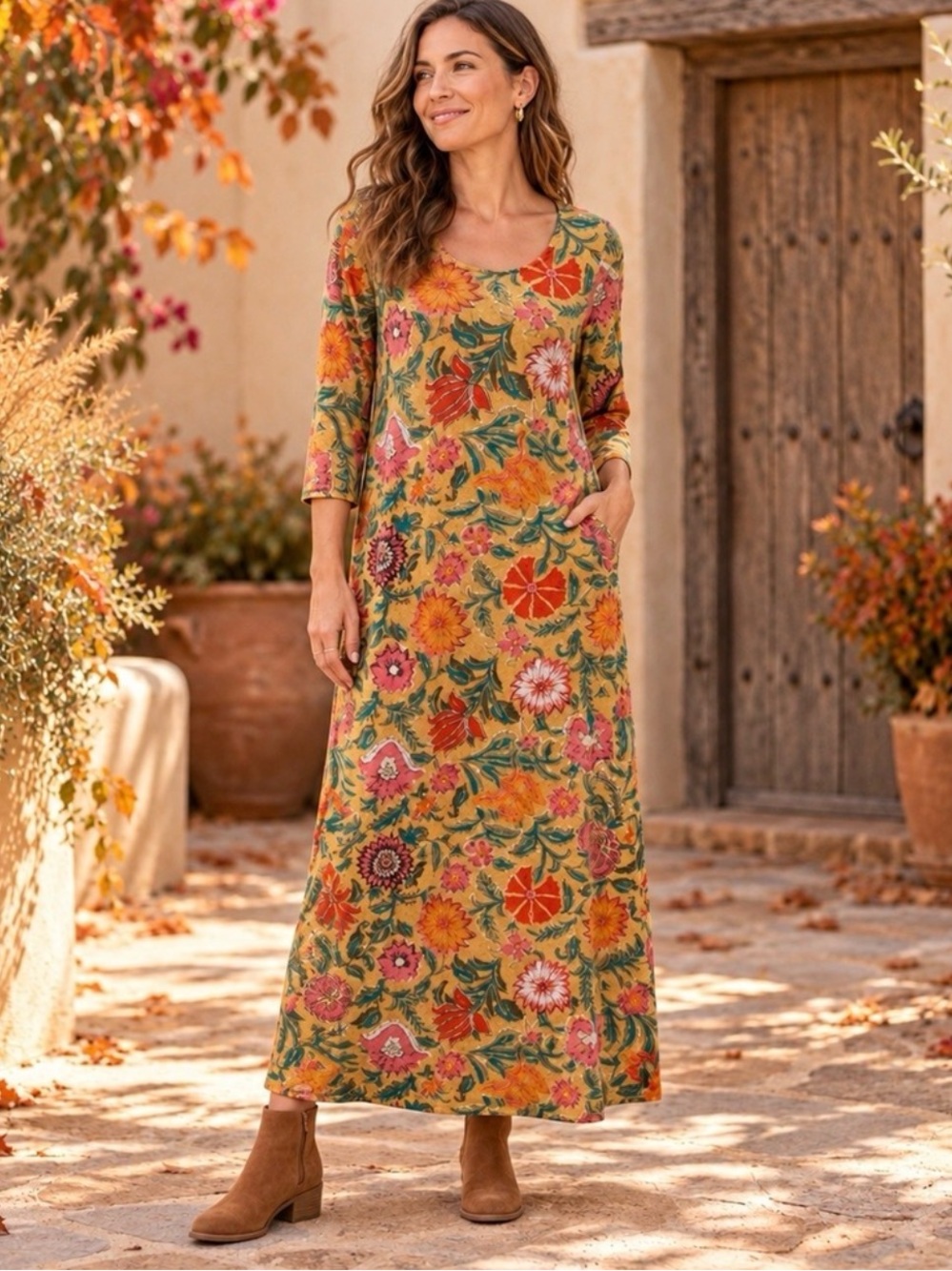 NATURAL LIFE Women’s Size S Lottie Sweater Knit Mustard Floral Maxi Dress